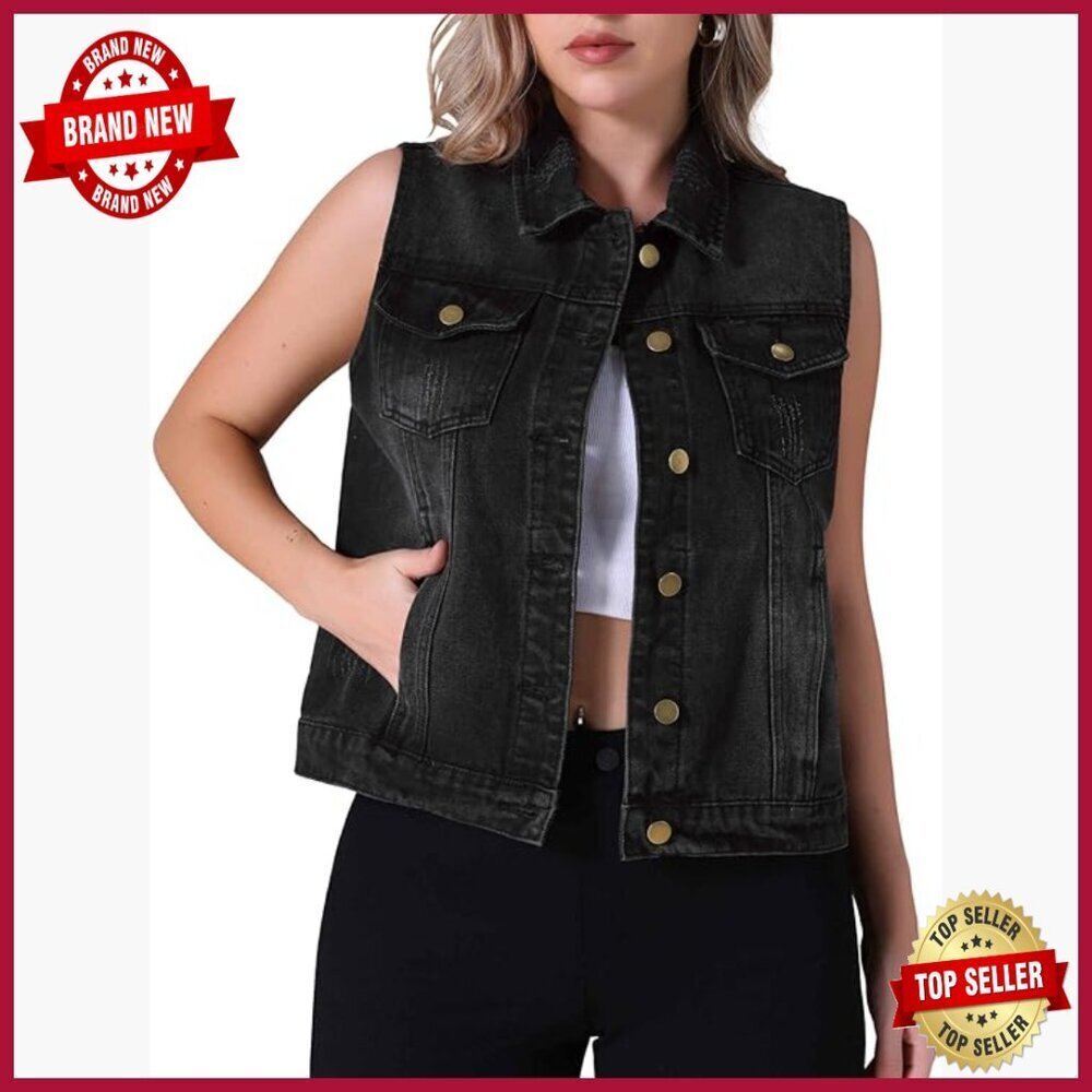 Distressed Denim Vest with Button Closure and Chest Pockets